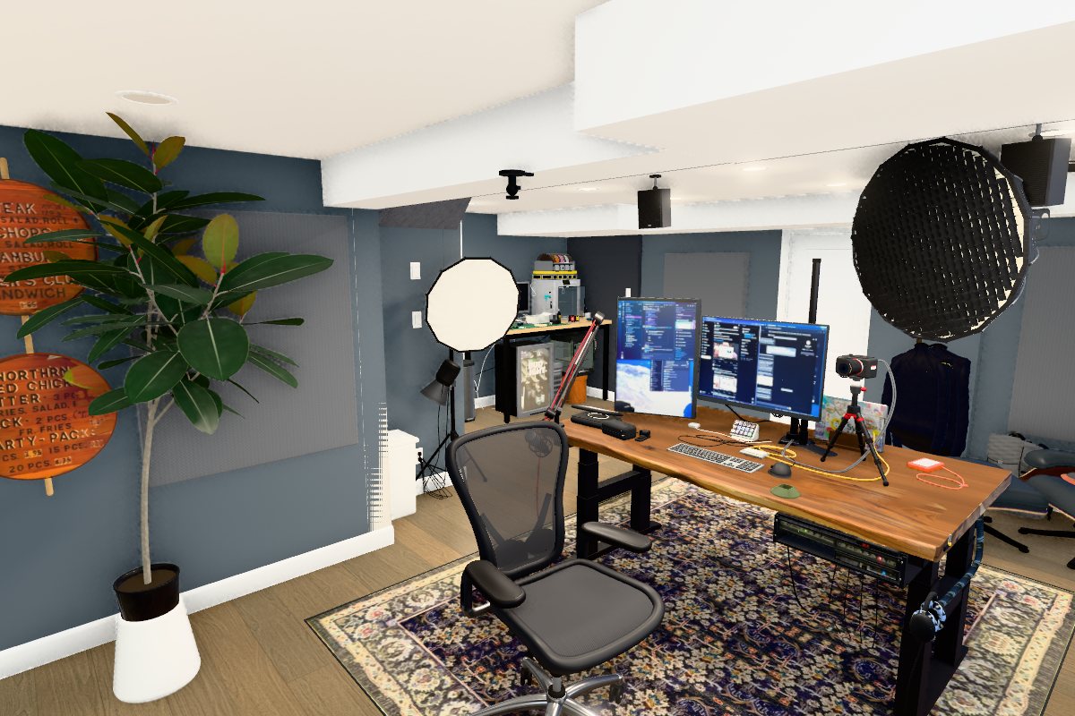 A rendered office: a live-edge standing desk with two monitors on a patterned rug, a mesh office chair, a large rubber plant, round wooden menu signs on a blue-grey wall, softbox lights and a white ceiling with soffits.