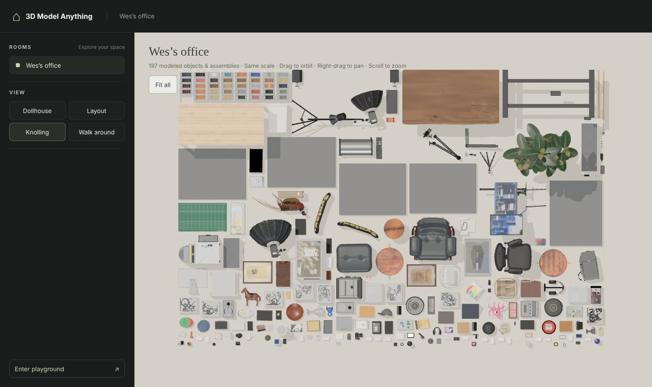 Knolling mode: hundreds of the office's objects laid out flat in a grid on a beige background, from the desk top and a rubber plant down to cables, mugs and small boxes, headed 197 modeled objects and assemblies.