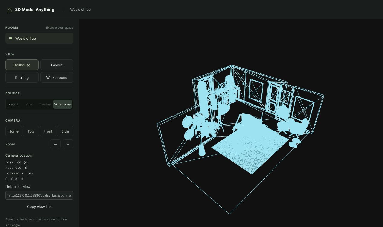 Wireframe source: the same dollhouse view drawn as light-blue edges on black; walls and doors are a few long lines, while the rug, chairs and plant are so dense they read as solid shapes.