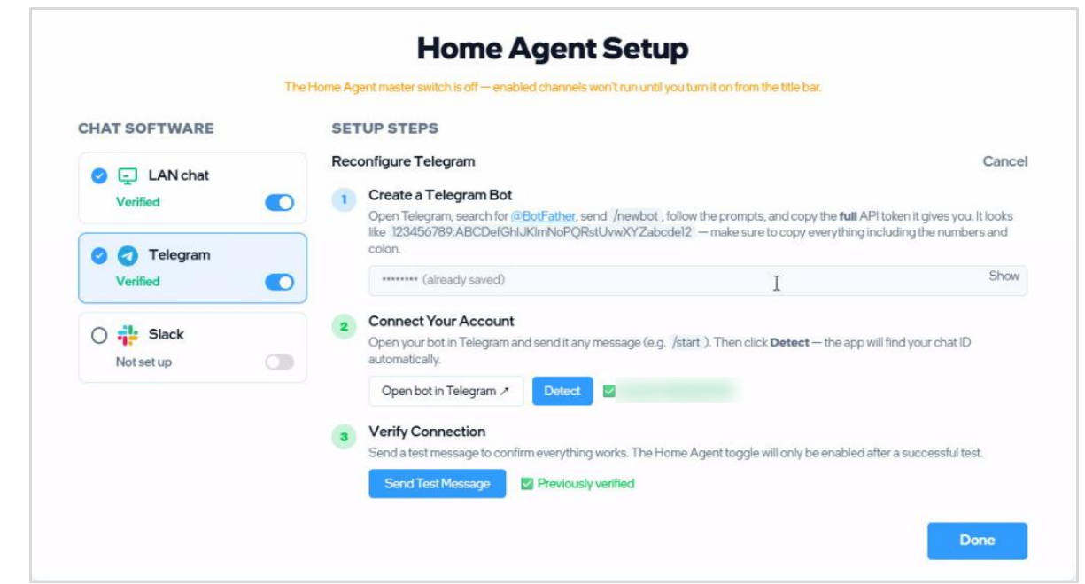 AI Playground's Home Agent Setup screen. A left column lists chat software: LAN chat (Verified, switched on), Telegram (Verified, switched on) and Slack (Not set up). The right column shows three setup steps for Telegram: create a bot with BotFather and paste its token, which shows as already saved; connect your account by messaging the bot and pressing Detect, with a green check next to a detected chat ID that has been blurred; and verify the connection with a Send Test Message button, marked previously verified.