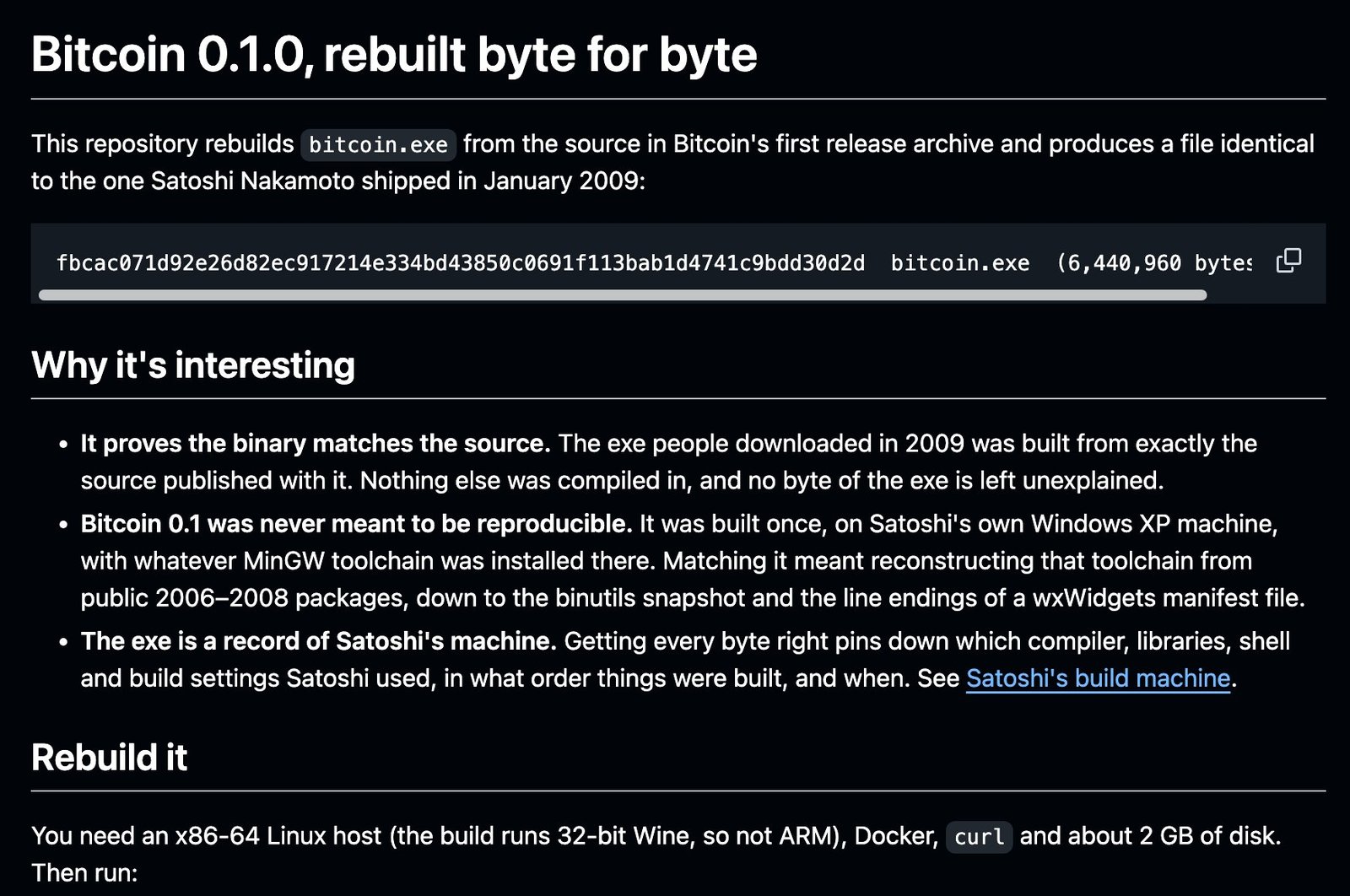 Dark-mode GitHub README headed 'Bitcoin 0.1.0, rebuilt byte for byte', showing the target hash fbcac071… for bitcoin.exe (6,440,960 bytes) and three bullets: it proves the binary matches the source, Bitcoin 0.1 was never meant to be reproducible, and the exe is a record of Satoshi's machine.