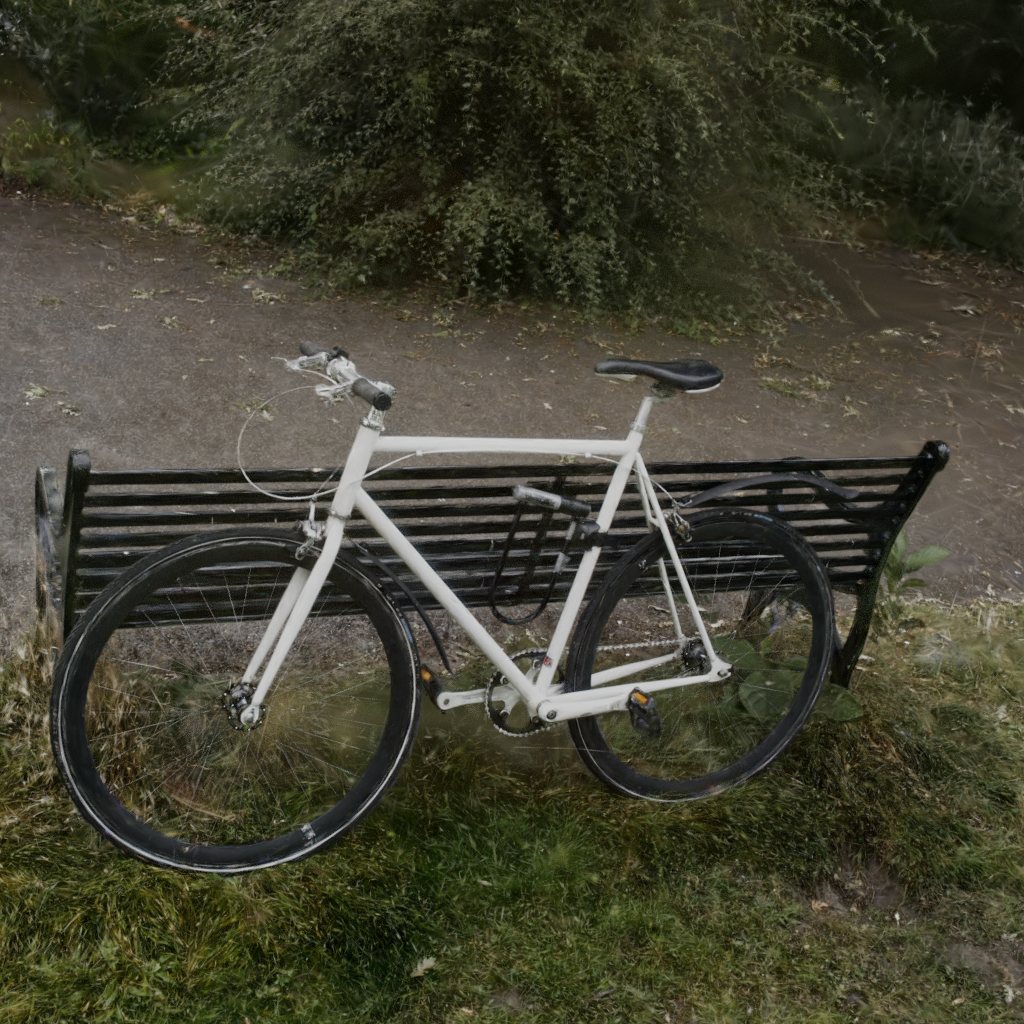 A path-traced Gaussian-splat render of a white fixed-gear bicycle leaning against a black slatted park bench, on grass in front of a gravel path and dense bushes.