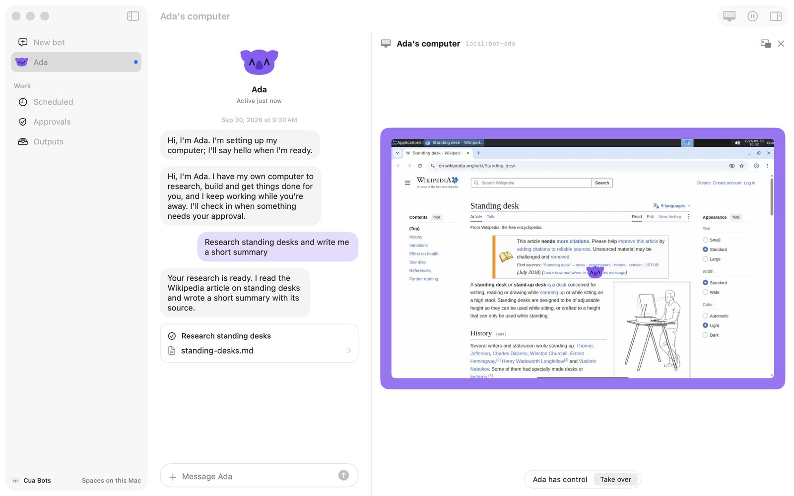 The Cua Bots Mac app. On the left a bot named Ada with a chat thread: the user asked for research on standing desks and Ada replied that the summary is ready, with a standing-desks.md output. On the right, Ada's computer, a Linux desktop showing the Wikipedia article on standing desks, with a Take over button.