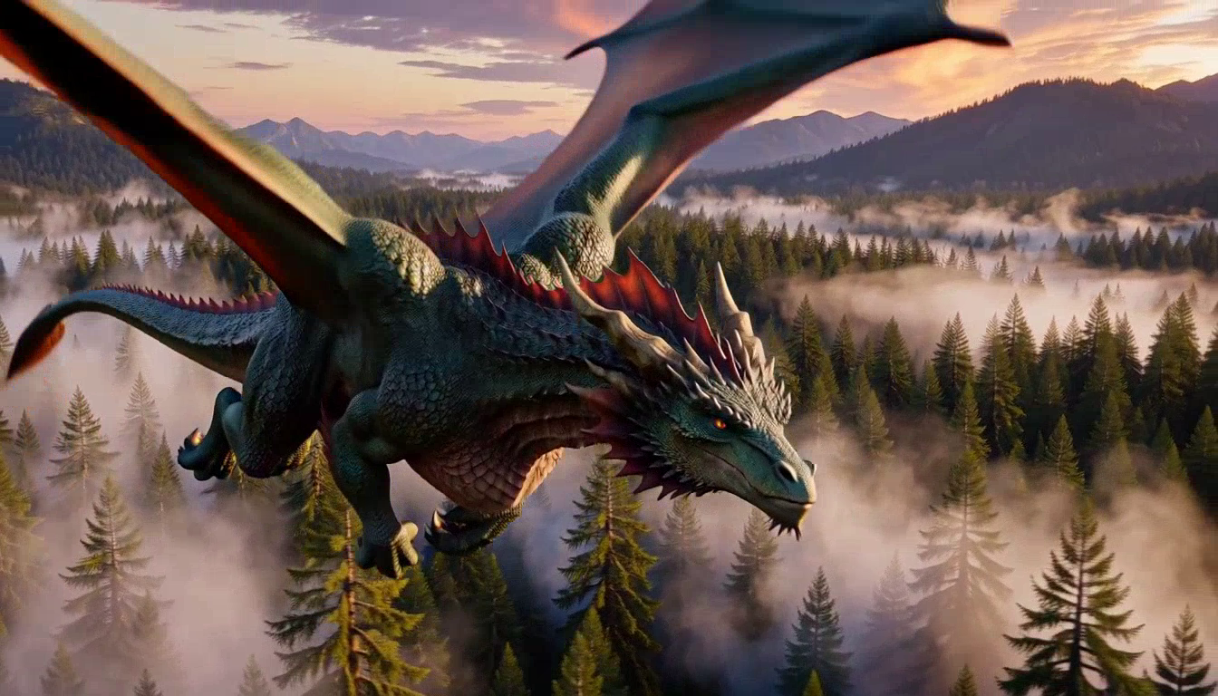 A validation sample generated by FastH3: an emerald-green dragon with red-veined wings banks over a misty pine forest at sunset, mountains silhouetted against a purple-and-orange sky.