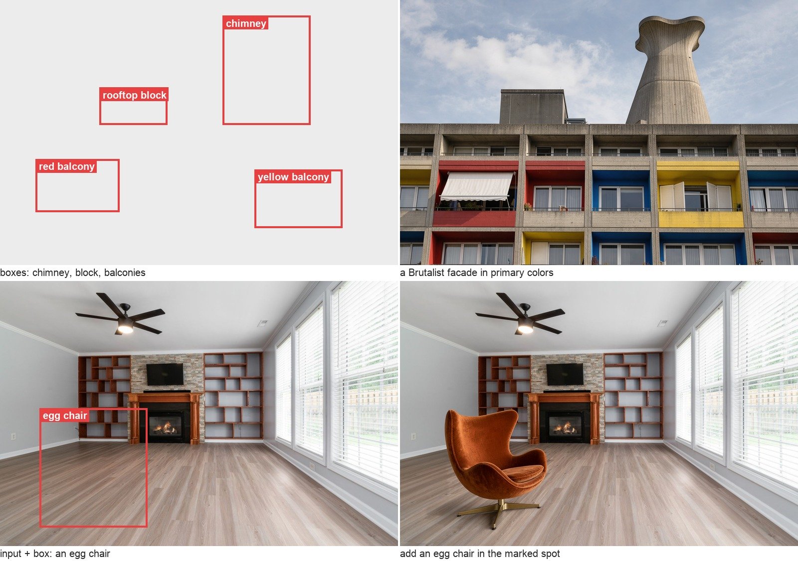 Two layout examples. Top: four labelled red boxes on a blank canvas (chimney, rooftop block, red balcony, yellow balcony) and the generated photo of a Brutalist facade with a mushroom-shaped chimney, a rooftop block and red and yellow balconies where the boxes were. Bottom: a living room photo with one box labelled egg chair on the floor, and the edited photo with an orange egg chair in that spot.