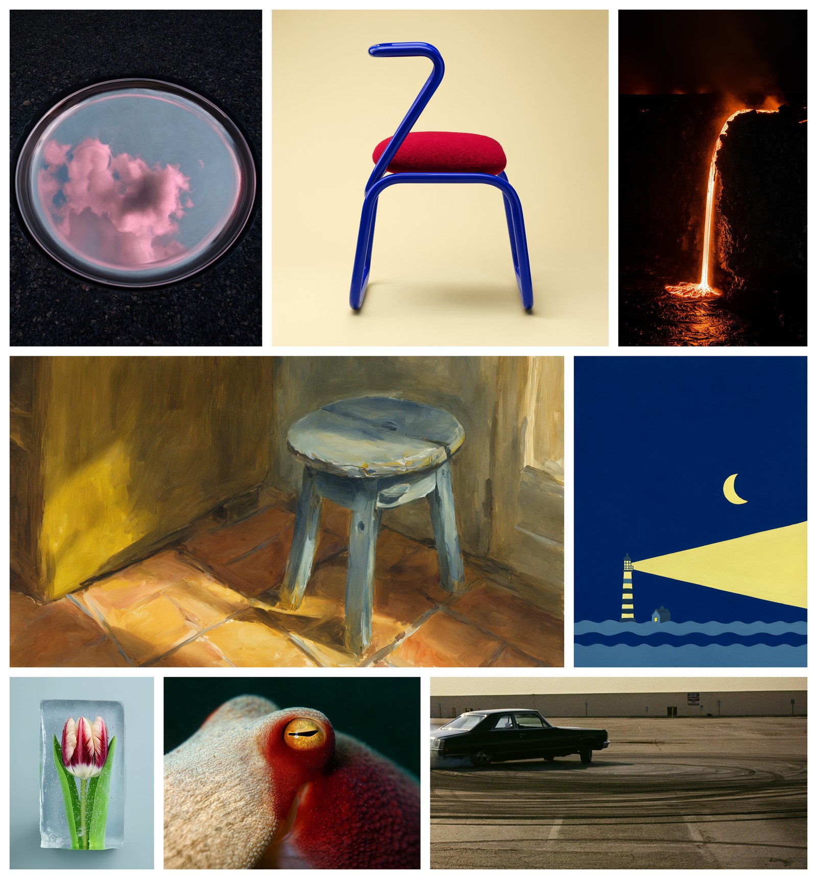 A grid of eight FLUX 3 image samples: pink smoke in a petri dish, a blue-framed chair with a red seat, molten lava pouring over rock, a painterly stool in a sunlit corner, a minimalist lighthouse at night, a tulip frozen in an ice block, a close-up of an octopus eye, and a black car on a worn asphalt lot.