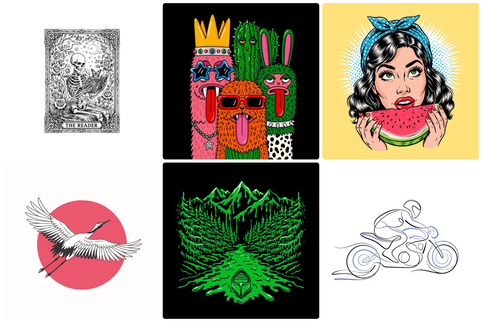 A three-by-two grid of illustrations: an engraved tarot card of a skeleton reading, four furry cartoon monsters, a comic-style woman eating watermelon, a crane over a red sun, a neon green river through pines, and a single-line drawing of a motorcyclist.