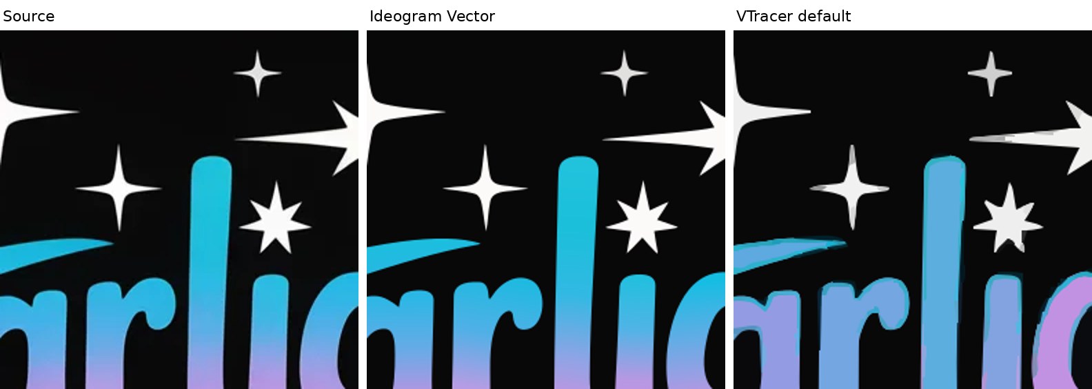 A magnified crop of the Starlight lettering: in the source and Ideogram's SVG the letters fade smoothly from cyan to lavender; in VTracer's output the same letters are flat blue with a visible outline band.