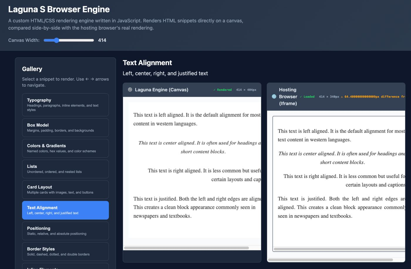 A gallery app: the model's own canvas rendering of HTML snippets on the left, beside the hosting browser's iframe rendering of the same markup on the right, with a header reporting pixel dimensions and the measured difference.