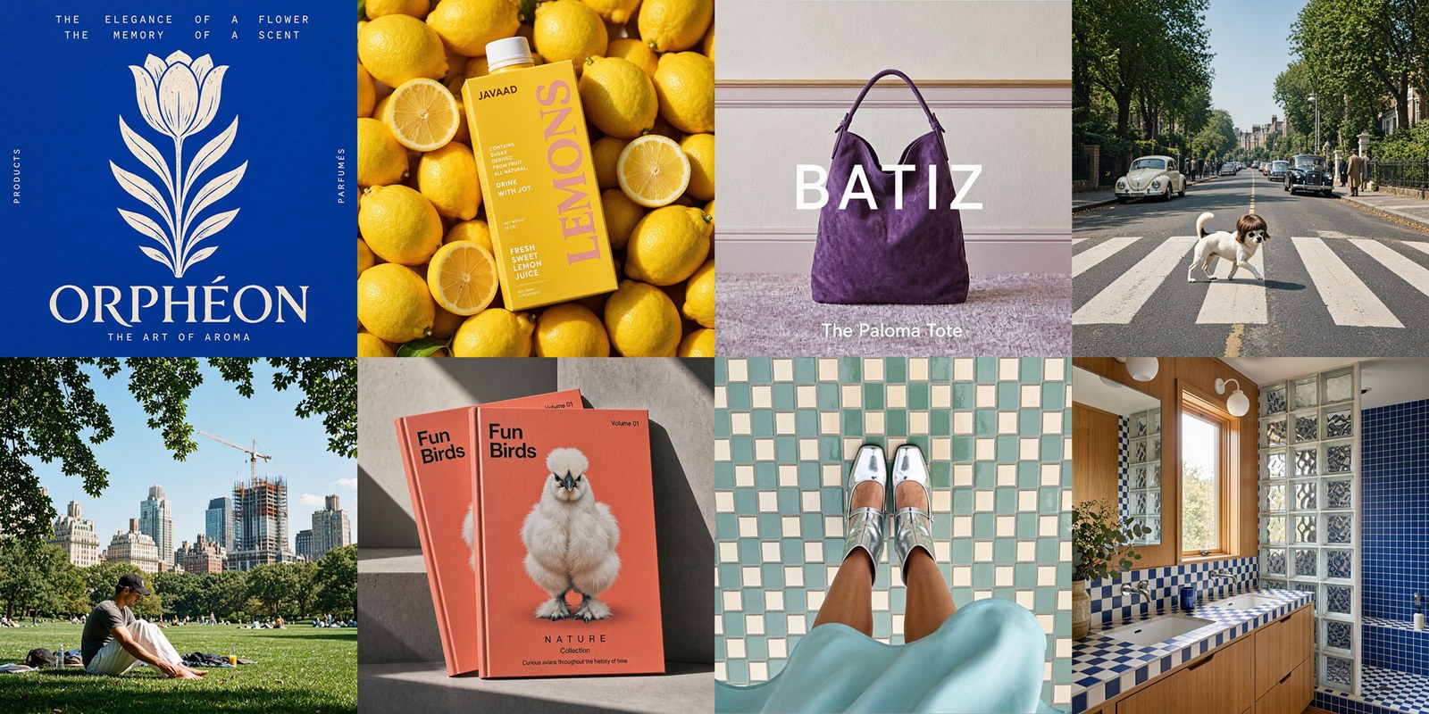 A collage of eight images generated by MAI-Image-2.5: a blue ORPHÉON perfume brand poster with rendered serif text, a yellow LEMONS juice carton product shot, a purple BATIZ handbag ad, a dog on a London zebra crossing, a person reading in a park, a 'Fun Birds' magazine mockup with a fluffy chicken, silver shoes on checkerboard tile, and a tiled bathroom interior.