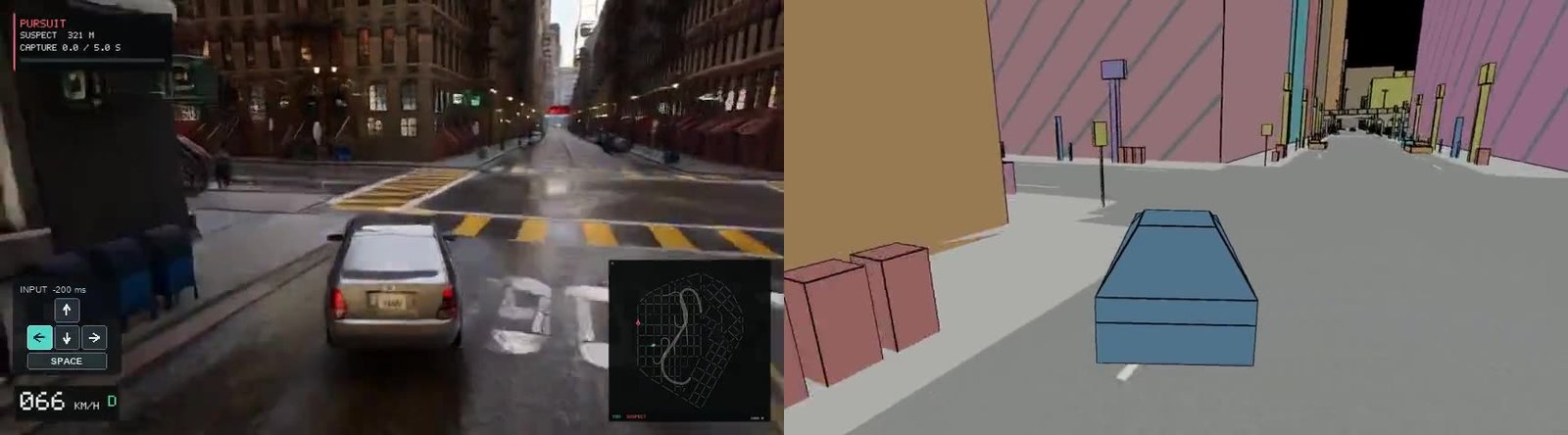 Side-by-side frame from a racing session. Left: the generated frame, a photoreal city street with brick buildings, a silver sedan seen from behind on wet asphalt, yellow crosswalk stripes, a pursuit HUD at top left, an input overlay at bottom left and a minimap at bottom right. Right: the engine's low-poly proxy of the same moment, with flat pink, brown and yellow boxes for buildings, a blue box for the car and a grey road.
