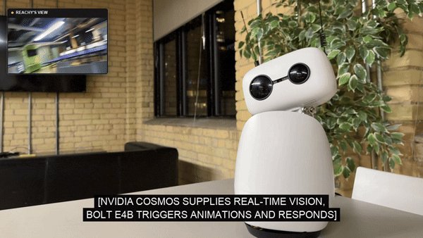 A white Reachy Mini robot with two round camera eyes on a table, with an inset showing the robot's camera view and a caption reading: NVIDIA Cosmos supplies real-time vision, Bolt E4B triggers animations and responds.