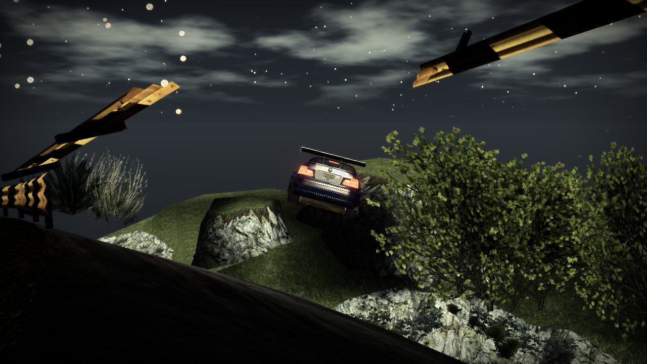 A night scene at a cliff edge: broken yellow-and-black barriers hang in the air while a dark BMW M3 GTR falls tail-first past rocks and bushes, seen from the edge above.