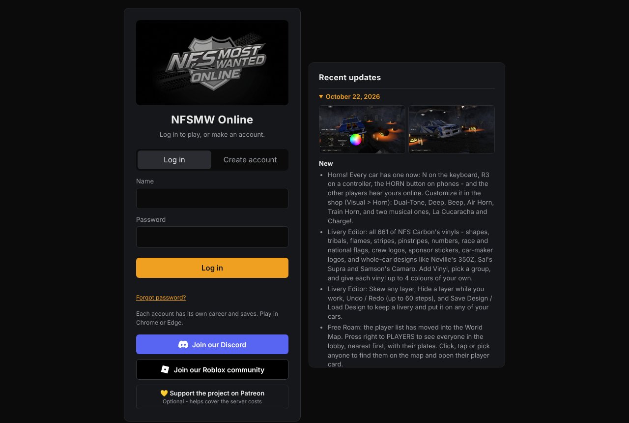 The NFSMW Online log-in page in a dark theme: the NFS Most Wanted Online logo, a Log in and Create account form with name and password fields, buttons for Discord, a Roblox community and Patreon, and to the right a Recent updates panel opened at October 22, 2026, with two screenshots and a list of new features starting with horns and the livery editor.