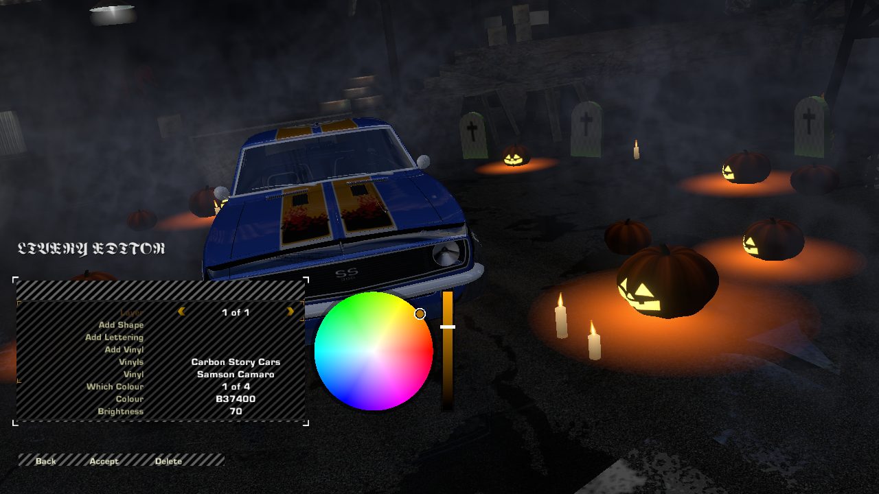 The in-game livery editor in a Halloween-dressed garage with jack-o'-lanterns and gravestones: a blue Chevrolet Camaro SS with orange racing stripes on the hood, a menu listing Layer 1 of 1, Add Shape, Add Lettering, Add Vinyl, Vinyls: Carbon Story Cars, Vinyl: Samson Camaro, Which Colour 1 of 4, Colour B37400, Brightness 70, and a colour wheel.