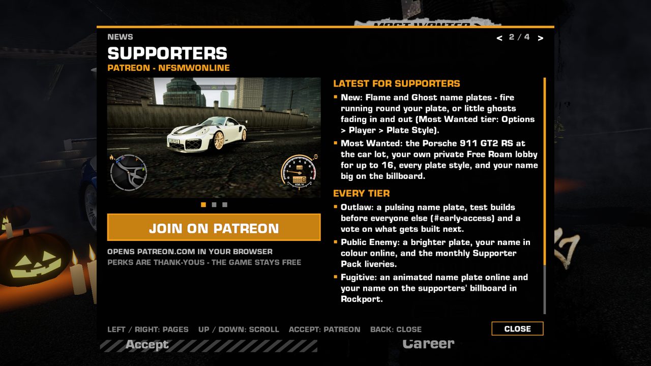 An in-game news panel titled Supporters, Patreon - NFSMWOnline, showing a white Porsche 911 GT2 RS, a Join on Patreon button, the line 'Perks are thank-yous - the game stays free', and lists of tier perks: Flame and Ghost name plates, a private Free Roam lobby for up to 16, test builds, monthly supporter liveries and a name on the supporters' billboard in Rockport.