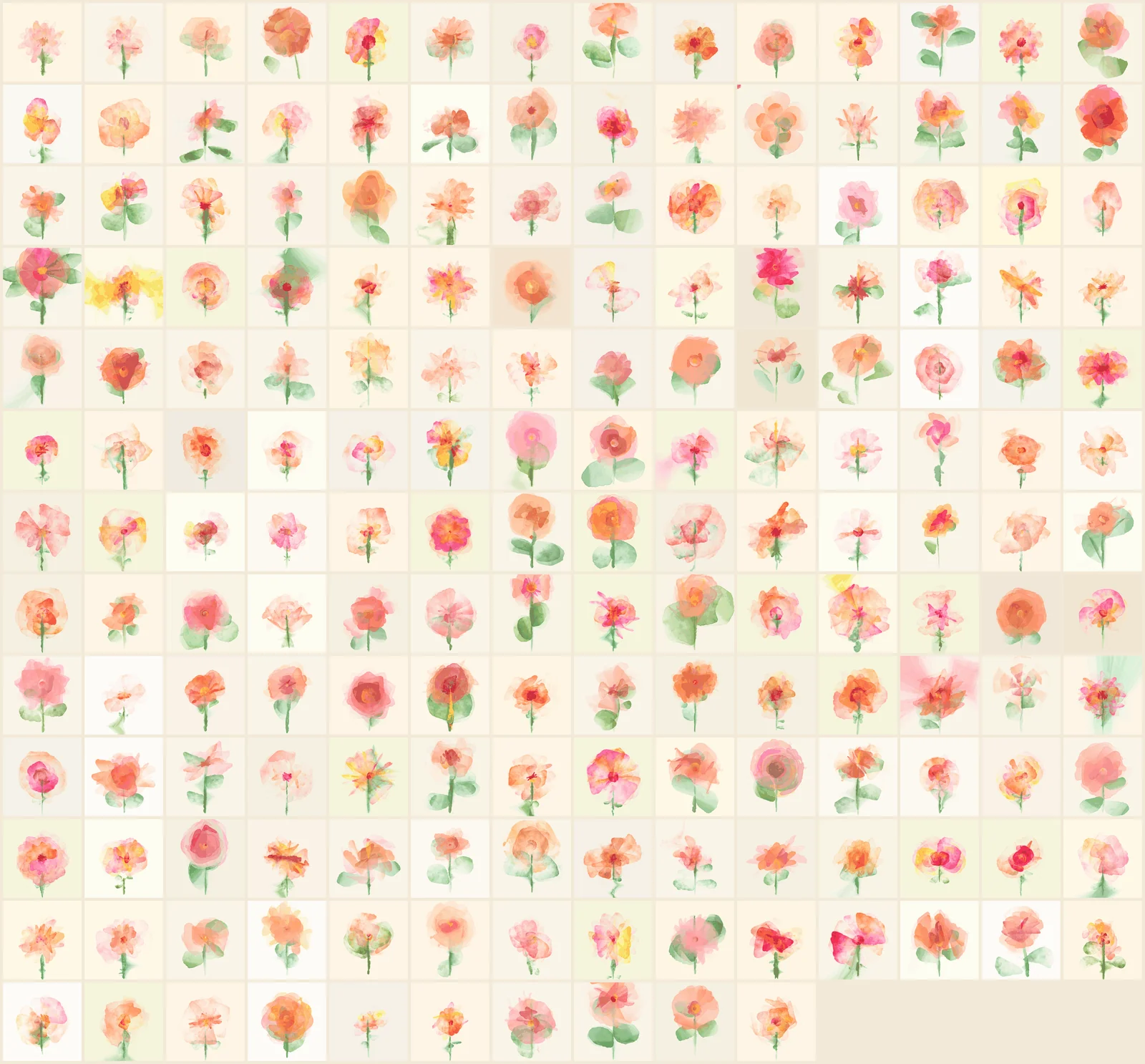 A dense grid of roughly 180 small square watercolour paintings of flowers on pale cream and green backgrounds, mostly orange, pink, magenta and red blooms on green stems, arranged edge to edge with no labels or gaps between tiles.