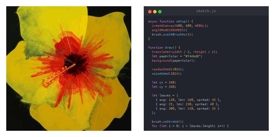 On the left, a painted hibiscus flower in peach and pink watercolour tones with loose, bleeding brush strokes on a cream ground. On the right, the JavaScript source file that produced it, showing p5.brush calls in a code editor.