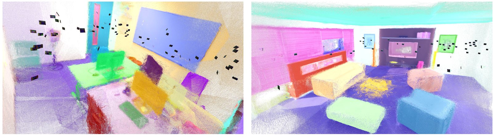 Two dense coloured point clouds of indoor rooms. Left: an office with a desk, chairs, a monitor and a whiteboard, each object a different flat colour. Right: a living room with a sofa, footstools and a TV unit, each object coloured as its own instance. Small black squares float in the air where the input cameras were.
