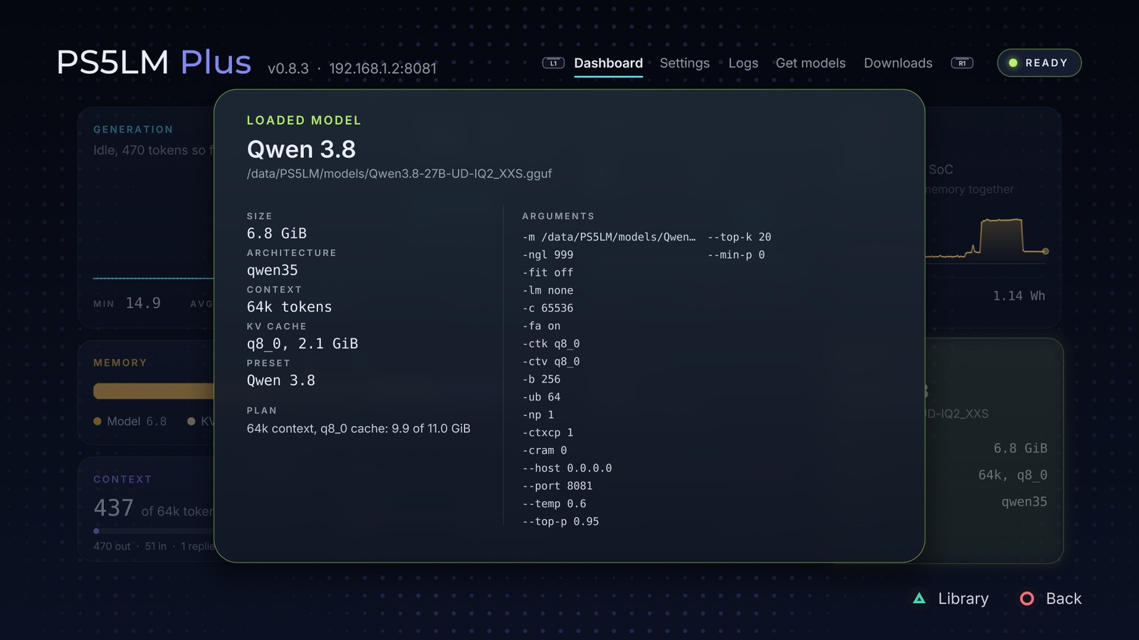 The PS5LM Plus loaded-model panel for Qwen 3.8, file Qwen3.8-27B-UD-IQ2_XXS.gguf: size 6.8 GiB, architecture qwen35, context 64k tokens, KV cache q8_0 2.1 GiB, plan '64k context, q8_0 cache: 9.9 of 11.0 GiB', and the llama-server arguments including -ngl 999, -fit off, -lm none, -c 65536, -fa on, -ctk q8_0, -ctv q8_0, -b 256, -ub 64, -np 1.