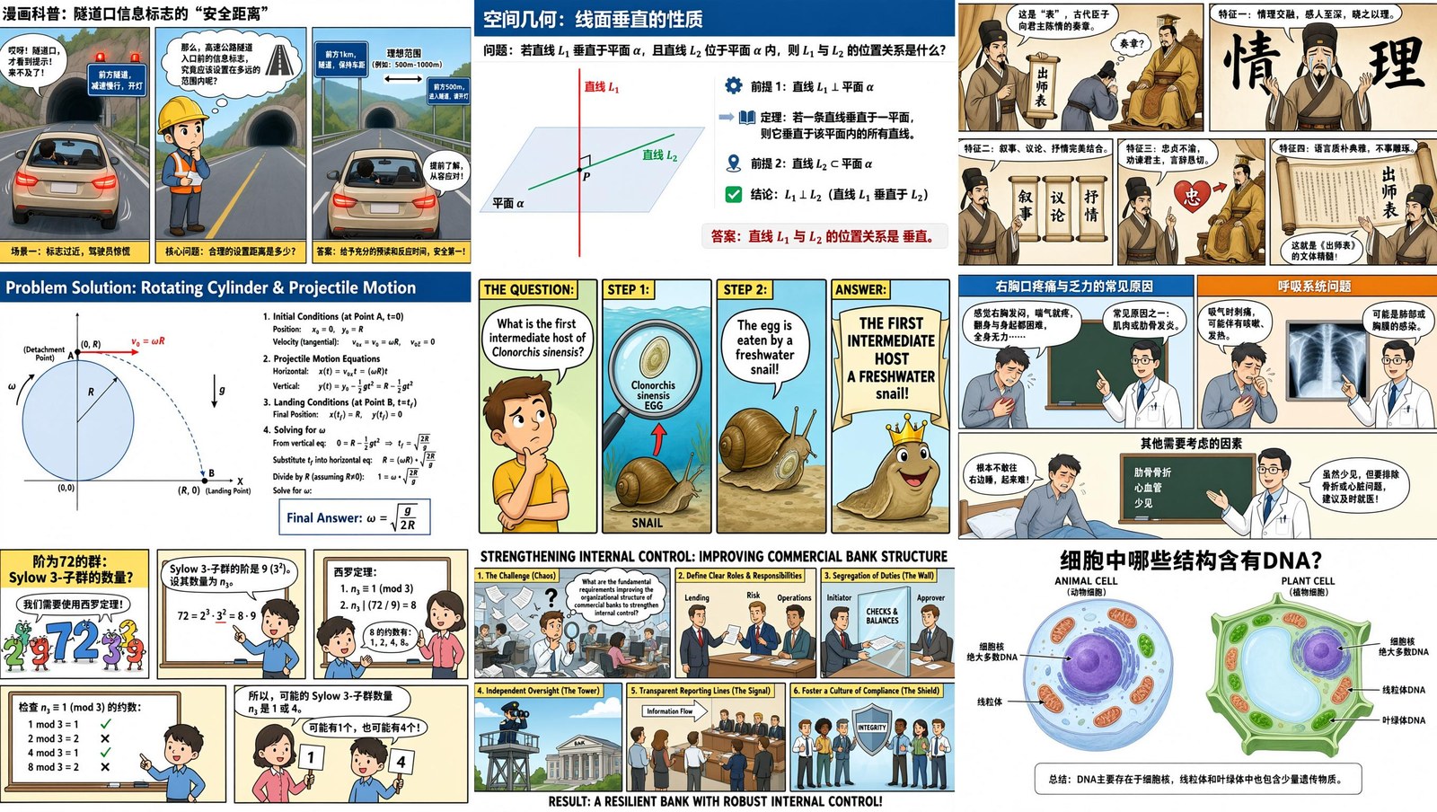A 3-by-3 grid of nine distinct, dense infographics — each a different technical subject with its own text, formulas, diagrams and cartoon figures — generated as one image.