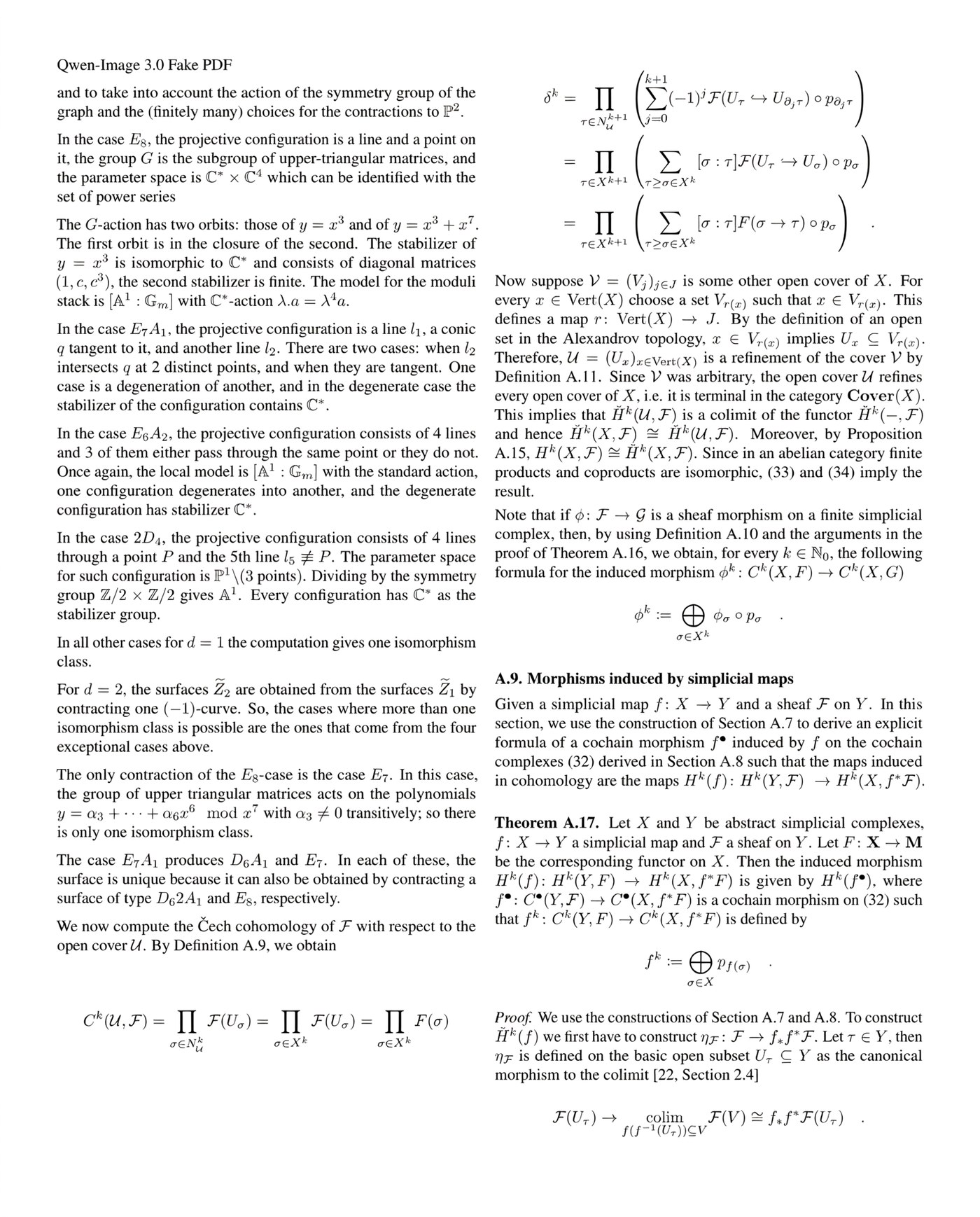 A generated full page of an academic mathematics paper with multi-line LaTeX-style formula derivations, section headings and dense body text, legible at small size.