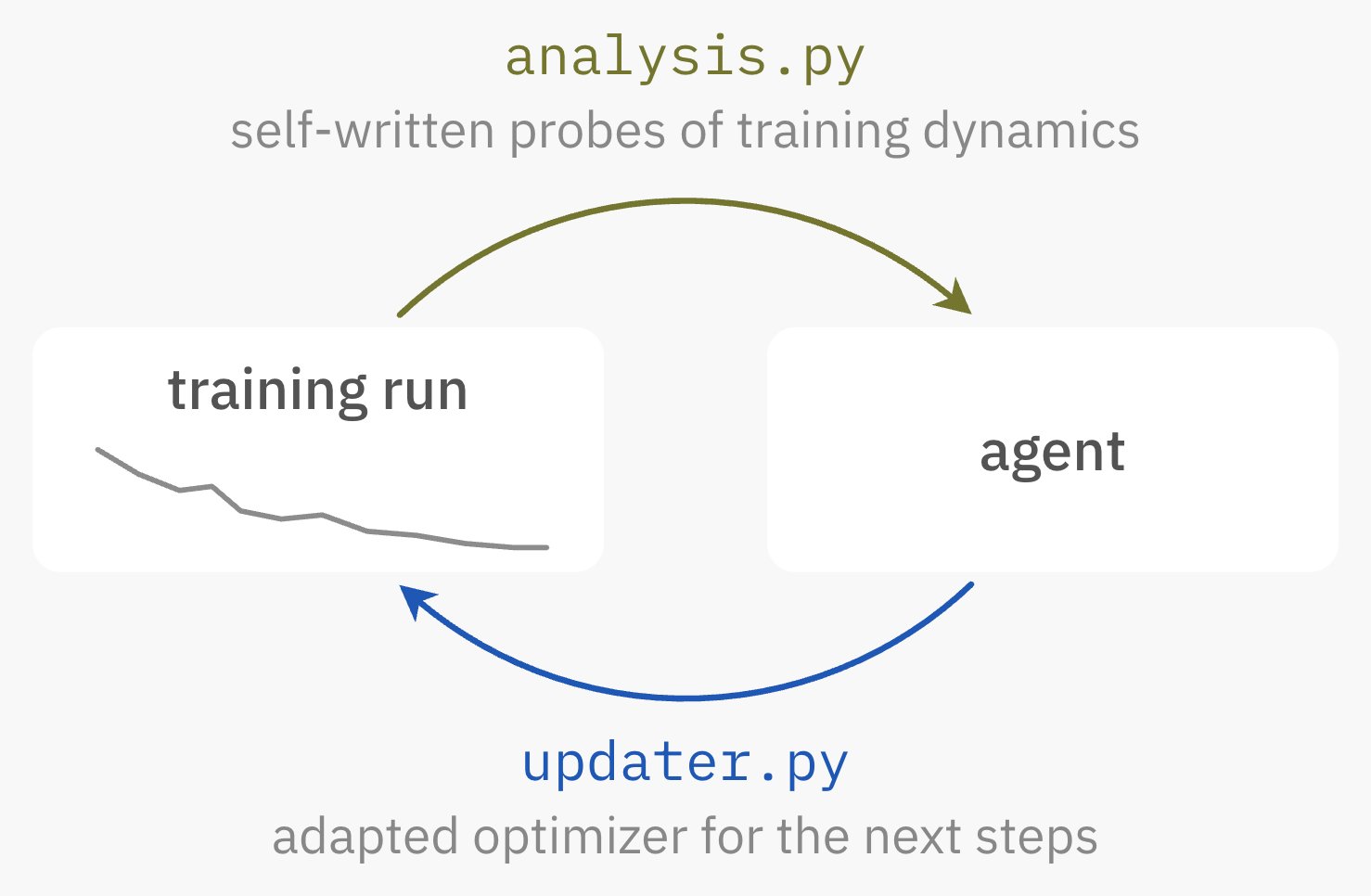 A loop diagram. A box labelled training run with a falling loss curve sends an arrow labelled analysis.py, self-written probes of training dynamics, to a box labelled agent. The agent sends an arrow labelled updater.py, adapted optimizer for the next steps, back to the training run.