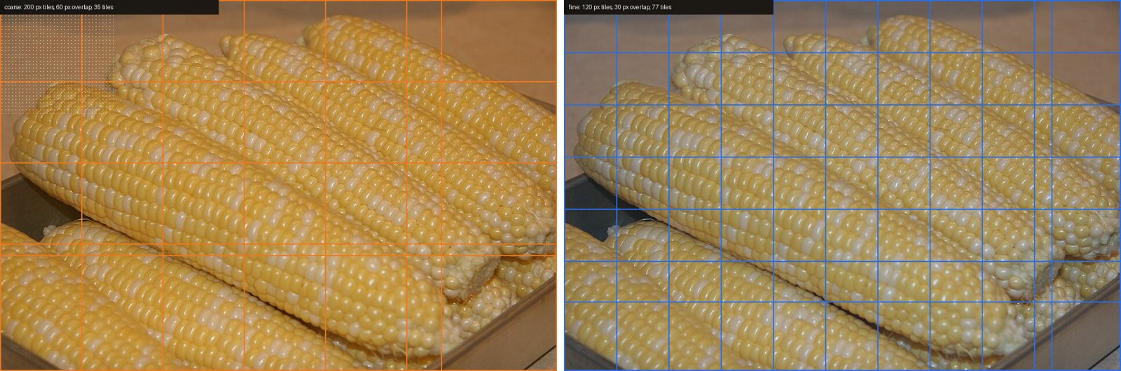The same CC0 photo of shucked corn cobs on a tray shown twice side by side. On the left, orange squares 200 pixels wide overlap across the photo, 35 of them, and the top-left tile is filled with a fine grid of white dots 6 pixels apart. On the right, blue squares 120 pixels wide overlap across the photo, 77 of them.