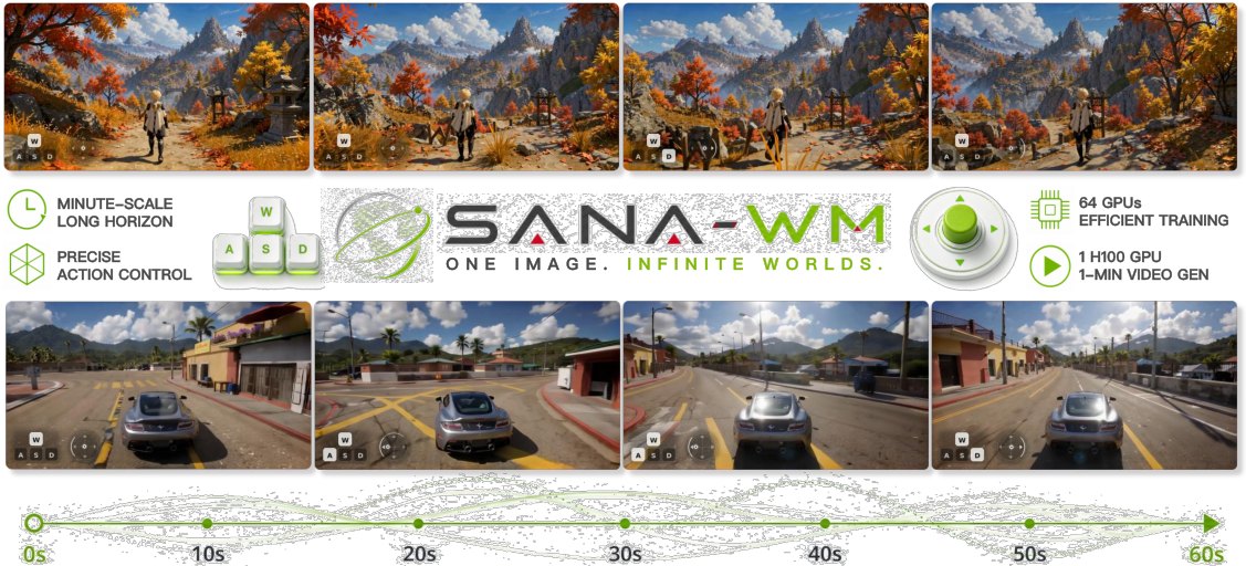 SANA-WM teaser. Two rows of four frames each from minute-long generated videos: a character walking a mountain path among autumn trees, and a silver sports car driving down a sunlit street lined with low buildings. Each frame has a small WASD overlay. Between the rows, the SANA-WM logo with the slogan 'One image. Infinite worlds.' and four badges: minute-scale long horizon, precise action control, 64 GPUs efficient training, 1 H100 GPU 1-min video gen. A timeline along the bottom runs from 0s to 60s.