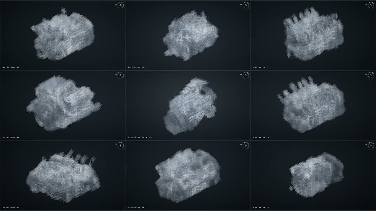 A three by three grid of grey, translucent, noisy 3D shapes of a car engine on a dark background, labelled Variation 01 to Variation 09. The shapes differ in overall proportion and in how many cylinders and intake runners stick out of the top. Variation 05 is labelled SV8.