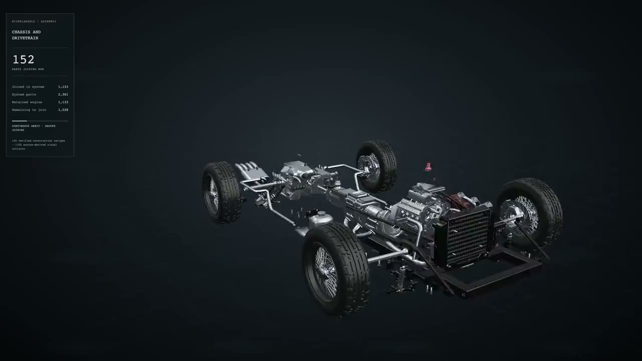A rendered car chassis and drivetrain on a dark background: four wire wheels with tyres, a front radiator, an engine block, gearbox, exhaust and suspension, with a few small parts floating as they join. A panel on the left reads Chassis and drivetrain, 152 parts joining now, with counters for joined, system and remaining parts.