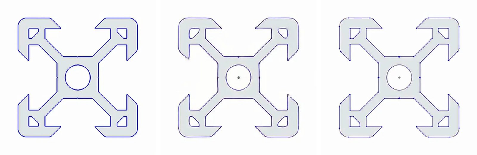 Three square panels side by side showing the same 2D profile: a square aluminium extrusion cross-section with a central round hole, four L-shaped arms reaching to the corners and four triangular cut-outs. Left: the target outline. Middle: the latent rollout, with slightly wavy, soft-cornered outlines. Right: the refined rollout, with straight edges, sharp corners and small dots marking vertices.