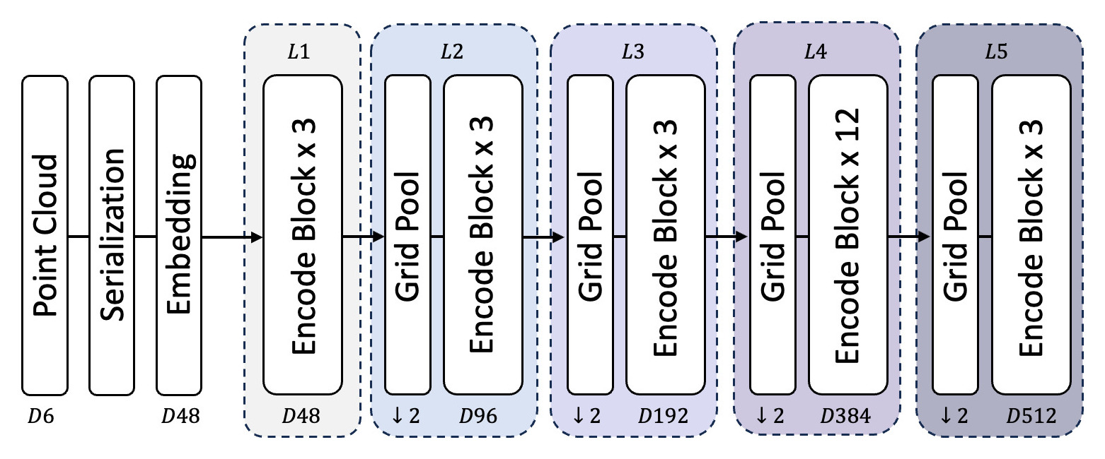 A row of blocks: Point Cloud (D6), Serialization, Embedding (D48), then five dashed stages L1 to L5. L1 is Encode Block x 3 at D48; L2 to L5 each start with a Grid Pool marked down-arrow 2, followed by Encode Block x 3 at D96, x 3 at D192, x 12 at D384 and x 3 at D512.