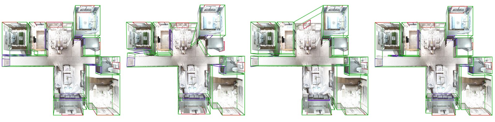 Four top-down views of the same multi-room apartment point cloud with green wall outlines, purple doors and red windows. From left: ground truth, RoomFormer, SceneScript, SpatialLM. RoomFormer's outlines are skewed in places with a door off its wall; SceneScript is missing a room's walls; SpatialLM's closely match the ground truth.