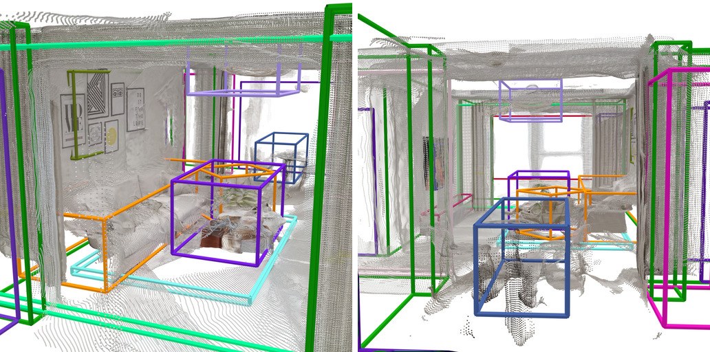 Two views inside a grey, noisy point cloud of a living room reconstructed from video, with predicted 3D boxes drawn over it: green wall frames, an orange sofa, a purple coffee table, a lilac chandelier box near the ceiling and blue boxes for side furniture. Parts of the floor and furniture are sparse or missing.