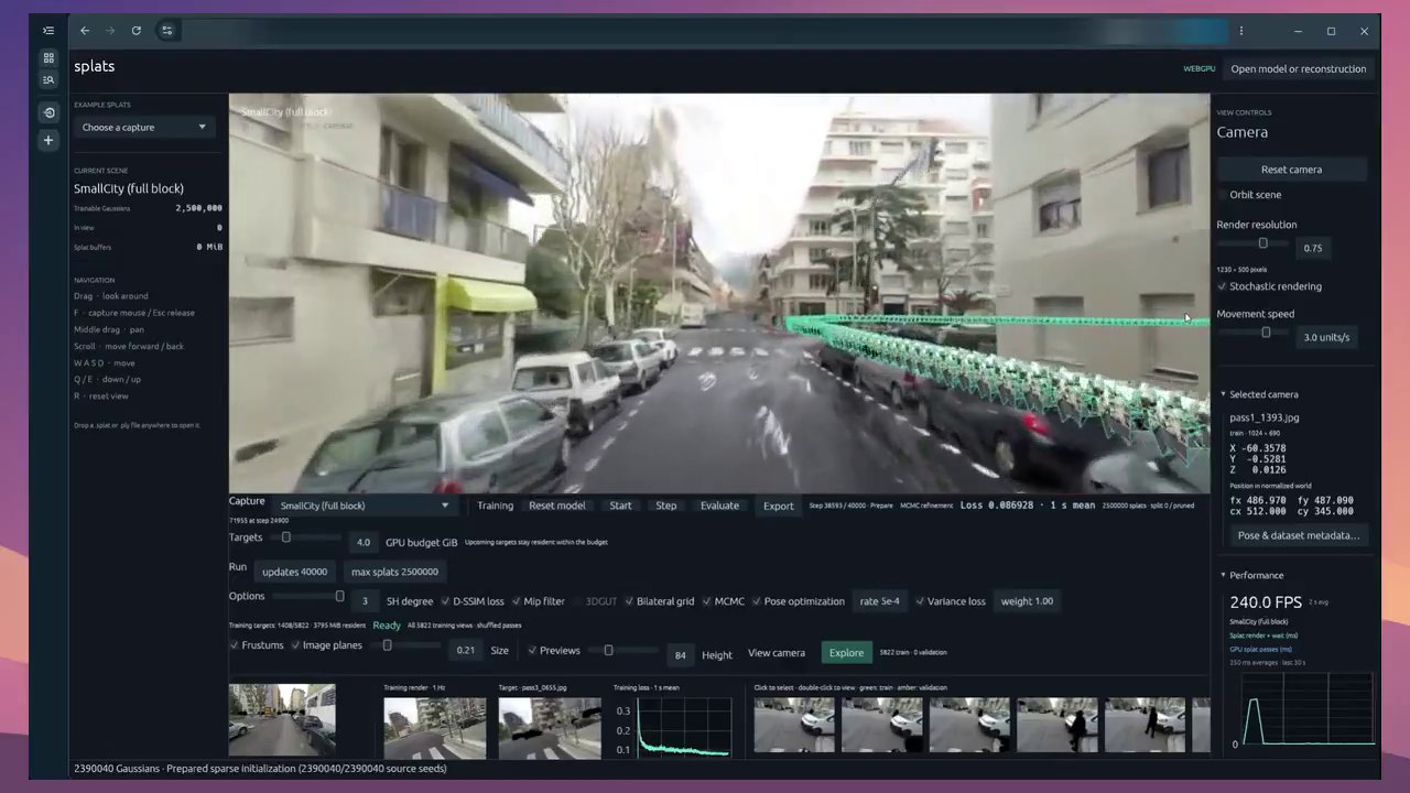 A browser app titled splats with a WEBGPU badge, rendering a Gaussian-splat street scene with parked cars and apartment blocks, a teal trail of camera frustums along the road. The right panel shows Stochastic rendering checked, render resolution 0.75 at 1230 by 500 pixels, and 240.0 FPS. The bottom panel shows training options including SH degree 3, D-SSIM loss, Mip filter, Bilateral grid, MCMC, Pose optimization, and Variance loss checked with weight 1.00.