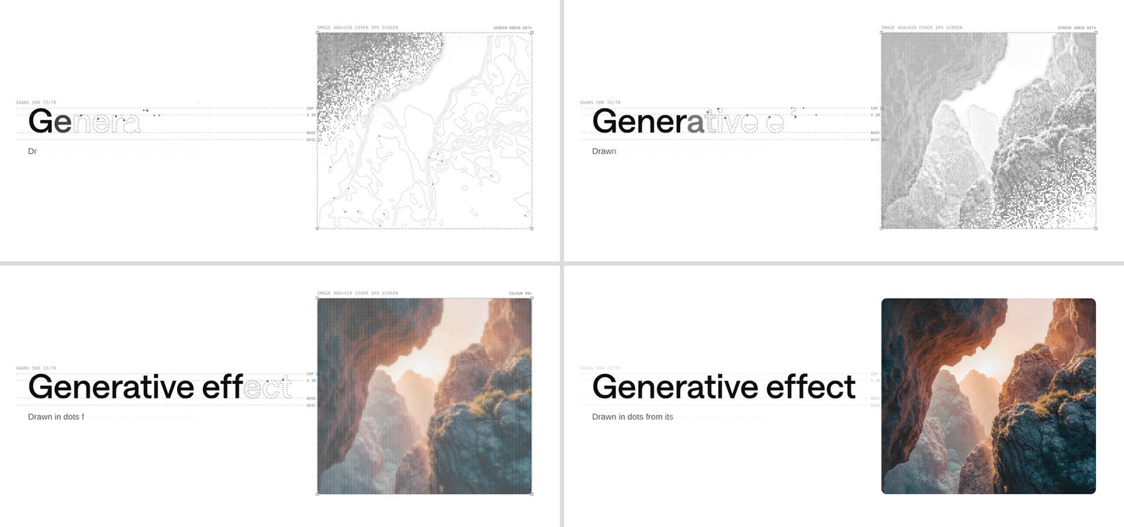 Four panels. Top left: the headline Generative effect half traced, G and e inked and the rest dotted outlines over type guides, beside a canyon photo drawn as dotted tone contours with a halftone spreading from its top left. Top right: more letters inked, the photo now a full grey halftone with SCREEN 10856 DOTS in its status. Bottom left: the headline nearly done, the photo a dot matrix in its own warm colours. Bottom right: the headline and subtitle inked and the real canyon photo in full colour with rounded corners.