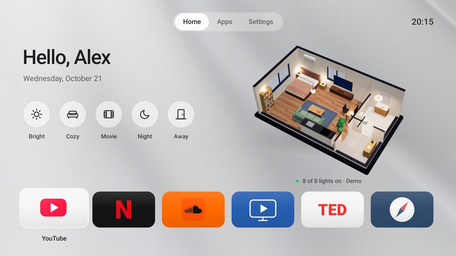 Luma's home screen by day: a greeting reading Hello, Alex with the date, five round scene buttons labelled Bright, Cozy, Movie, Night and Away, a 3D cutaway model of a flat on the right, and a row of six app tiles along the bottom.