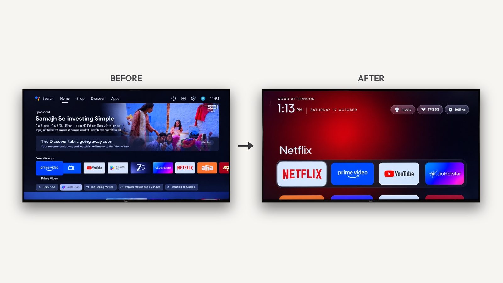 Two televisions side by side. Before: the stock Google TV home with a full-width sponsored banner for an investment app above a row of streaming apps. After: a dark home with a clock, a greeting and four large app tiles for Netflix, Prime Video, YouTube and JioHotstar.